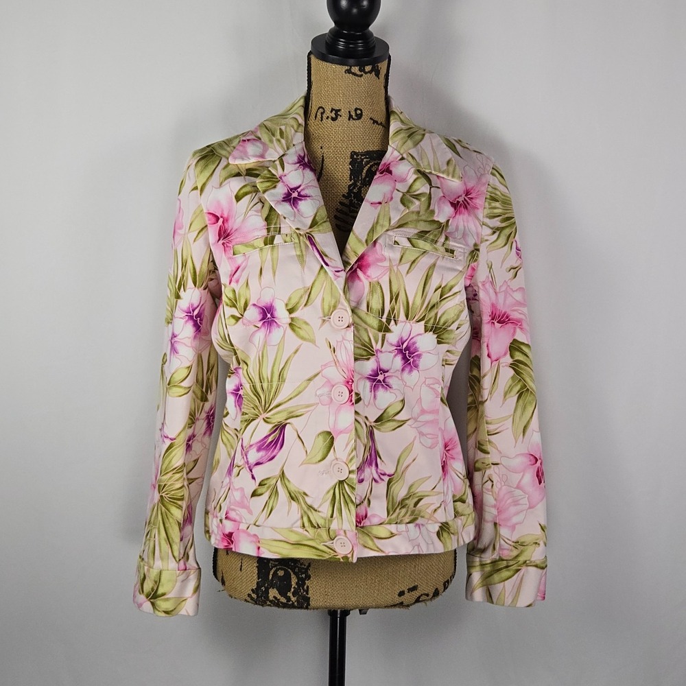 Jamaica Bay Pink Floral Tropical Jacket  Petite Large Hibiscus Button Up Canvas